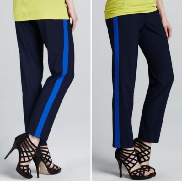 NWT Vince Wool Crepe Tuxedo Pants - Navy Blue with‎ Vibrant Blue Stripe - Size 2 - Picture 2 of 12